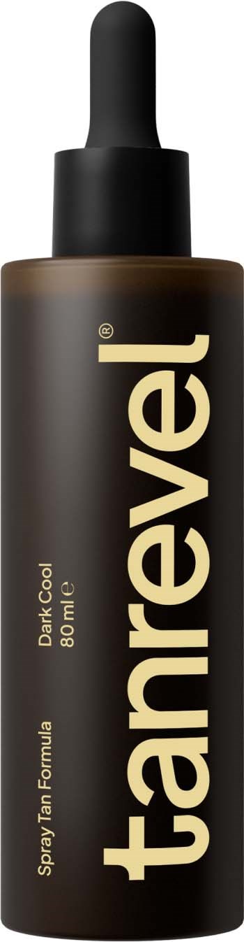 En mørk brun sprayflaske med svart kork og dråpeteller, merket 'tanrevel' for solingsprodukt.