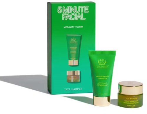 Hyvinvointituote sisältää vihreänputken, pienen purkin ja laatikon merkinnällä '5 Minute Facial' by Tata Harper.