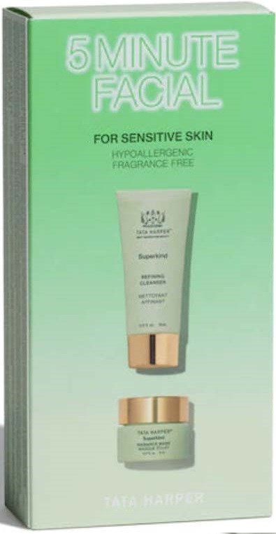 Vihreä laatikko, jossa lukee 5 Minute Facial, sisältää voideputkilon ja rasian herkälle iholle, hypoallergeeninen, hajusteeton.