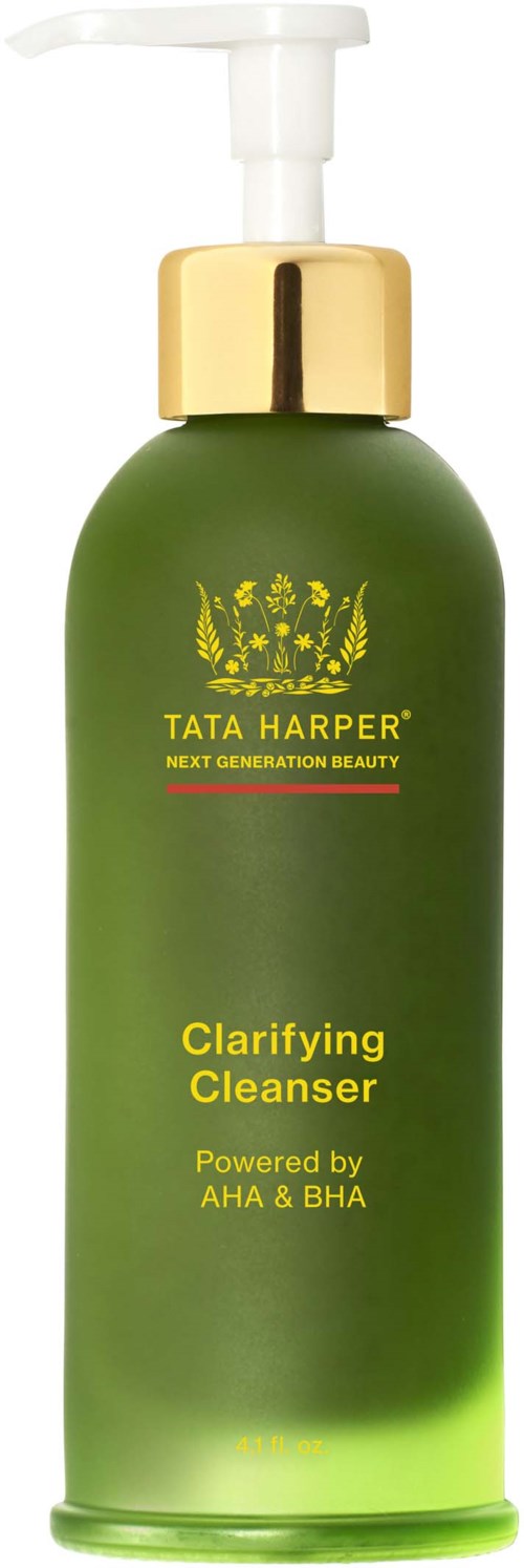 A green bottle with a pump top containing Tata Harper Clarifying Cleanser for skin. It mentions ingredients AHA and BHA.