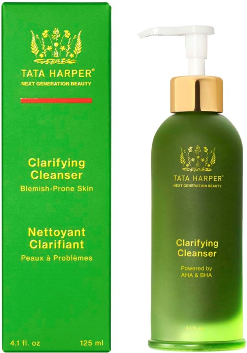 Green bottle and box for Tata Harper Clarifying Cleanser, for skin issues, with pump dispenser.