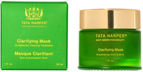 Vihreä purkki ja laatikko Tata Harper Clarifying Mask, kultaktinen kansi, ihonhoitoon.