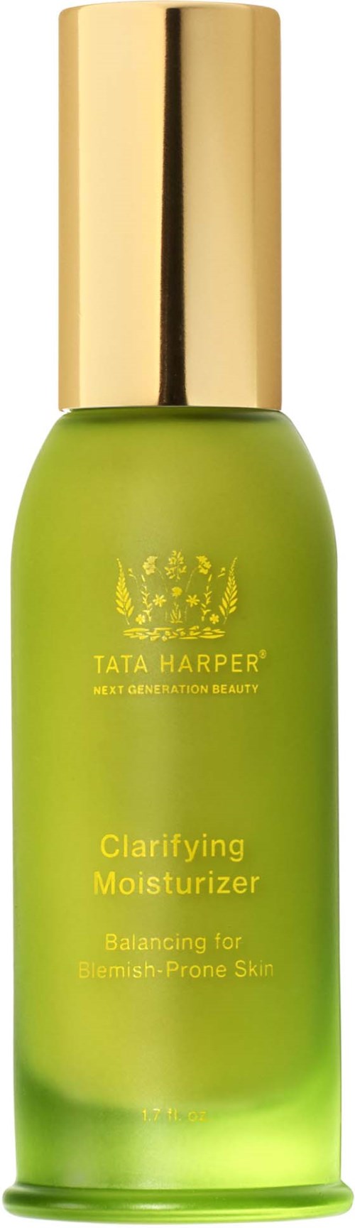 Green moisturizer bottle with a gold cap, labeled Tata Harper Clarifying Moisturizer for blemish-prone skin.