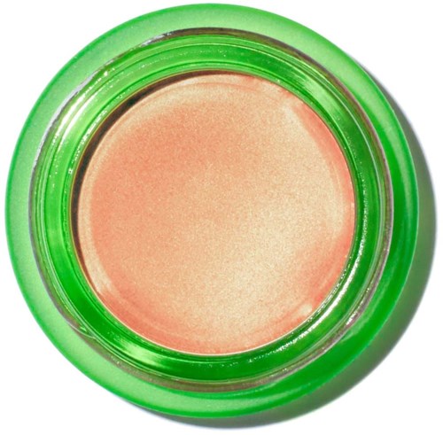 A round container with a pinkish-beige cream or balm inside, surrounded by a bright green lid.