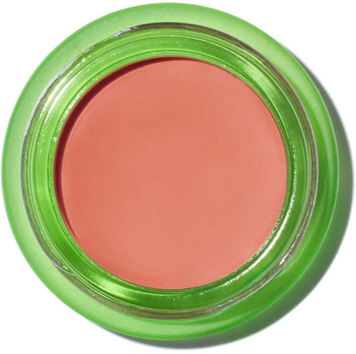 A round makeup container with green lid and pink blush inside.