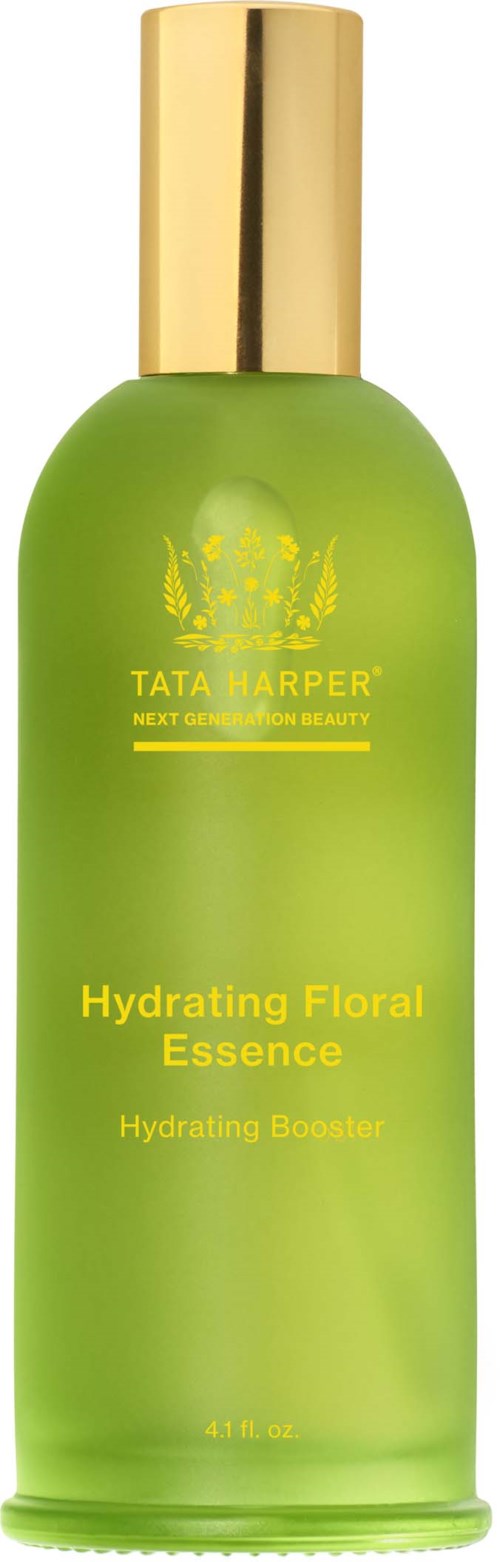 Green bottle labeled Tata Harper Hydrating Floral Essence, a moisturizing facial spray with a gold cap.