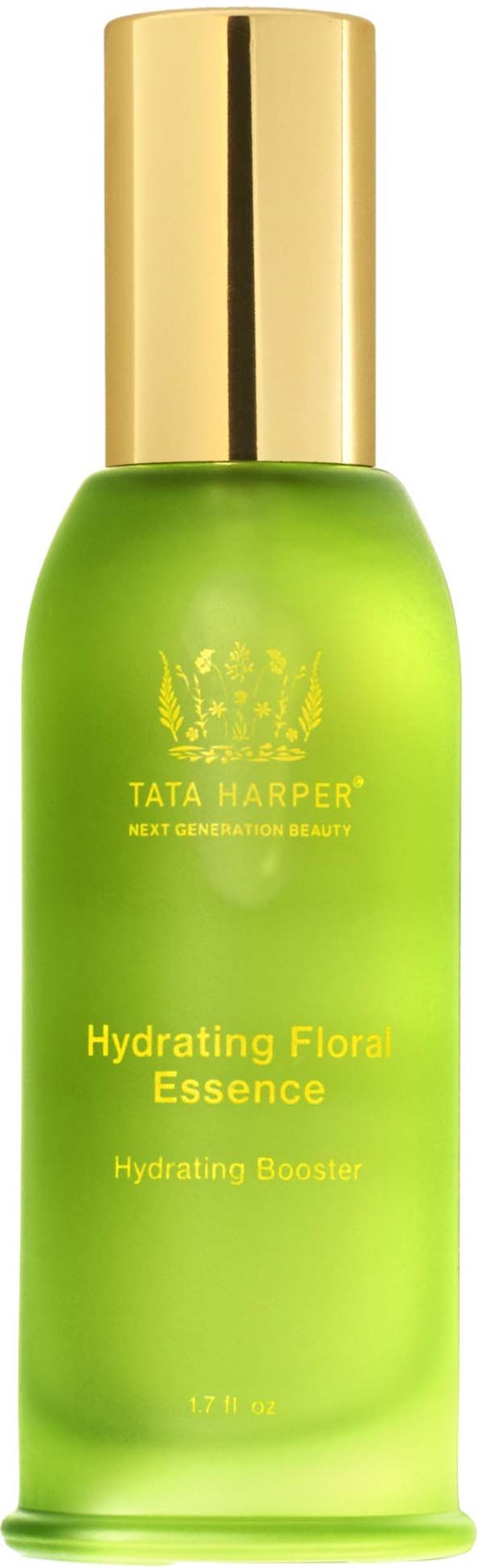 A green bottle with a gold cap, labeled Tata Harper Hydrating Floral Essence, a hydrating booster product.