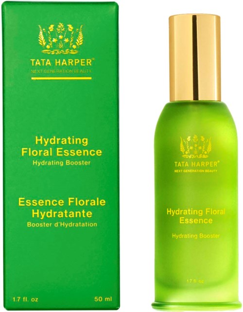 Green bottle and box for Tata Harper Hydrating Floral Essence with yellow text and logo.