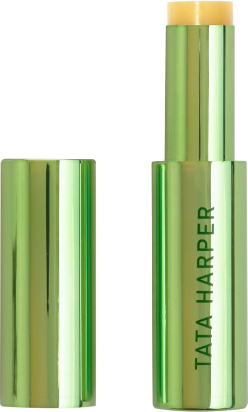 A green lipstick with a removable cap and the brand name Tata Harper on the tube.