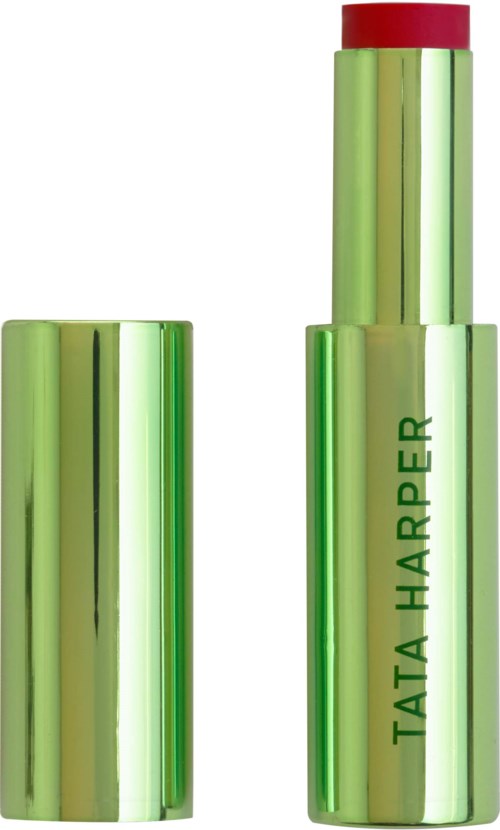 A green lipstick with a red top, labeled TATA HARPER, shows the lipstick partially extended.