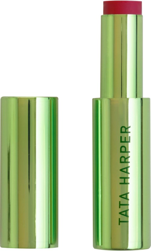 A green and pink lipstick with a shiny, metallic finish standing upright. The lipstick is partially extended, showing the pink color.