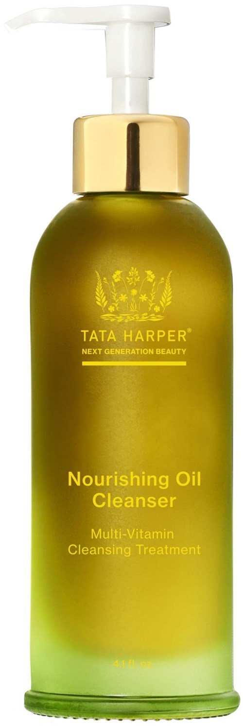 A green bottle with a gold cap and pump, labeled Tata Harper Nourishing Oil Cleanser, for skin cleansing.