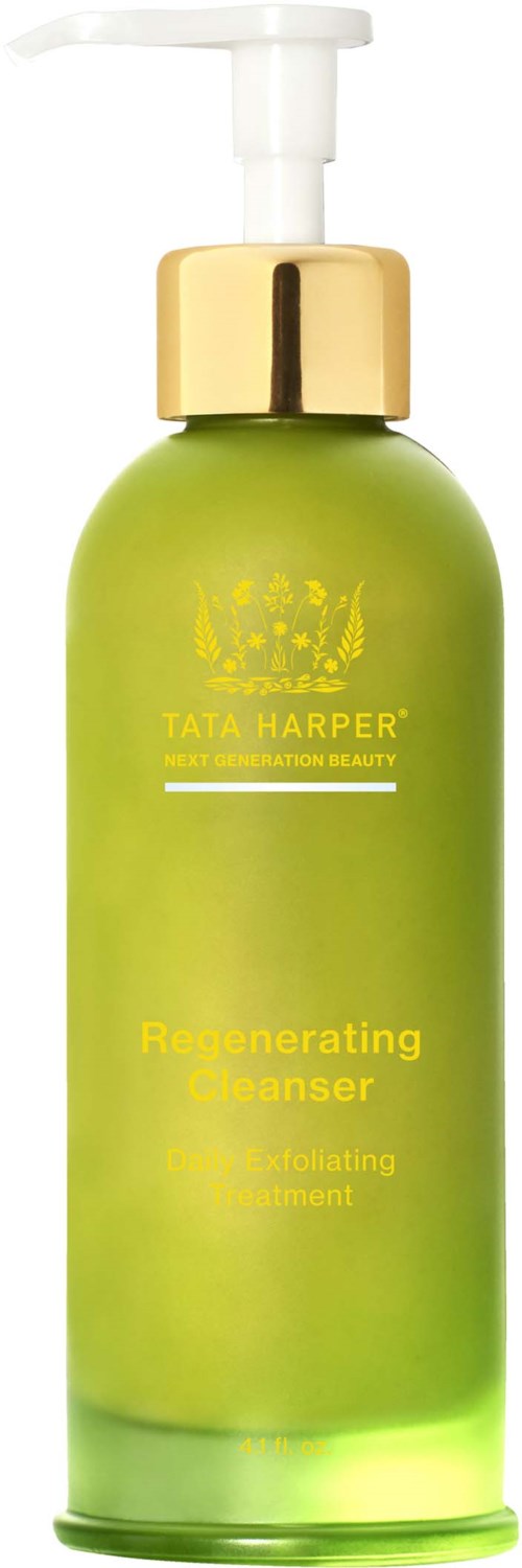 Green bottle with white pump, gold cap, and yellow and white text, labeled Tata Harper regenerating cleanser.
