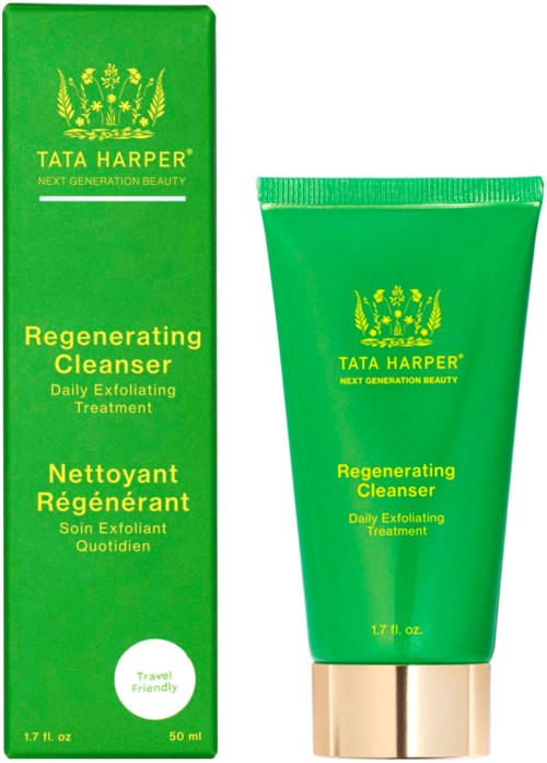 Green box and tube of Tata Harper regenerating cleanser for daily exfoliation, travel friendly, with gold cap.