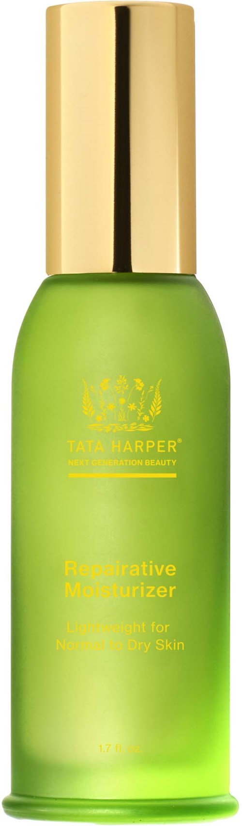 A green bottle with a gold cap, labeled for skin moisturizing, suitable for dry skin.