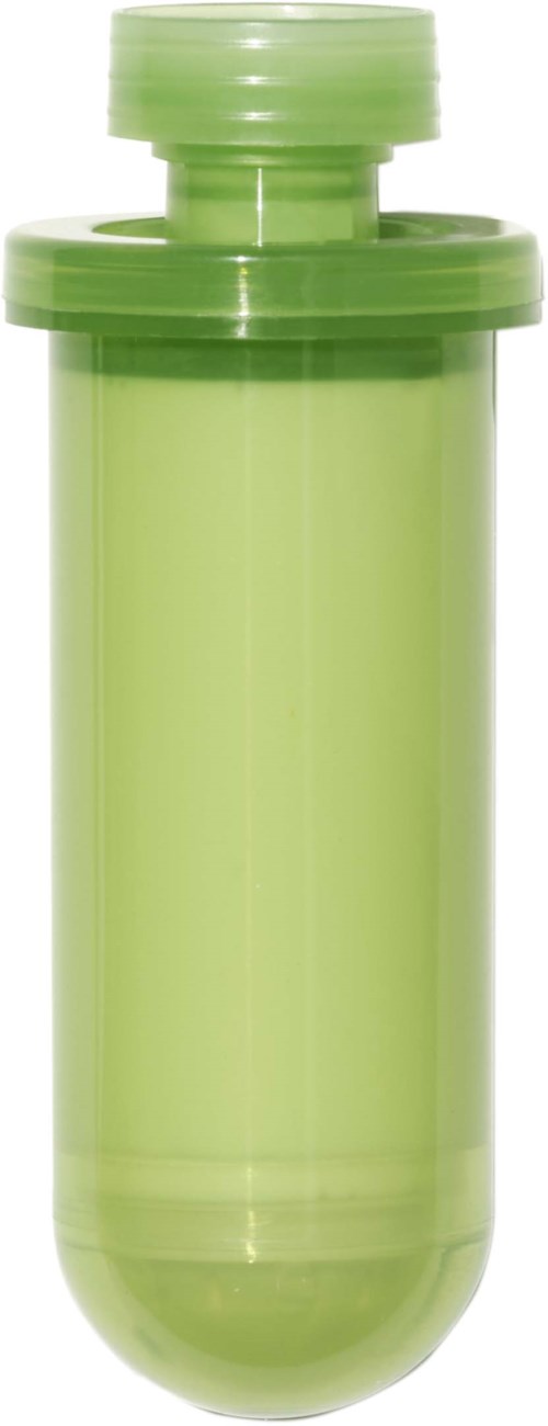 A green capsule-shaped container with a rounded top and bottom, and a wider middle section.