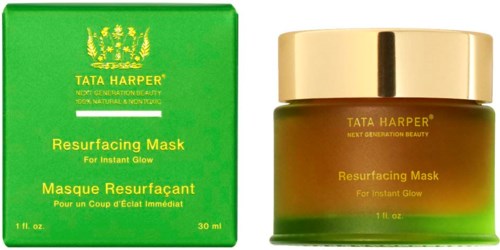 Tata Harper Resurfacing Mask in green box and jar for instant glow.