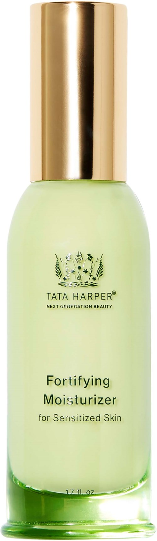 A bottle of Tata Harper Fortifying Moisturizer for sensitive skin with a gold cap and light green liquid.