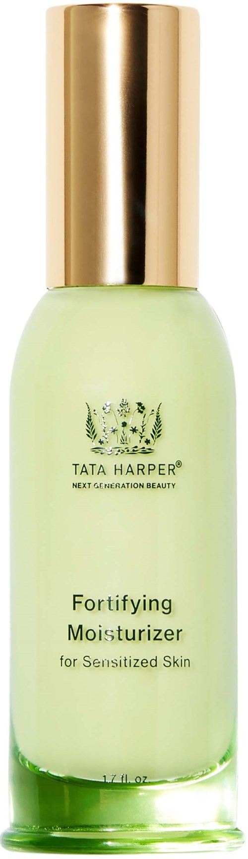 A green bottle of Tata Harper Fortifying Moisturizer for sensitive skin with a gold cap.