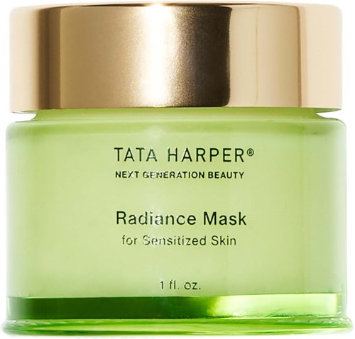 Vihreä lasipurkki kultaleikalla sisältää Tata Harper Radiance Mask herkkäihoisille.