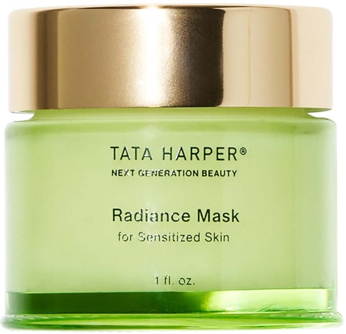 Vihreä purkki kultaläpällä, merkintä Tata Harper Radiance Mask herkkäihoisille, sisältää 1 fl. oz.