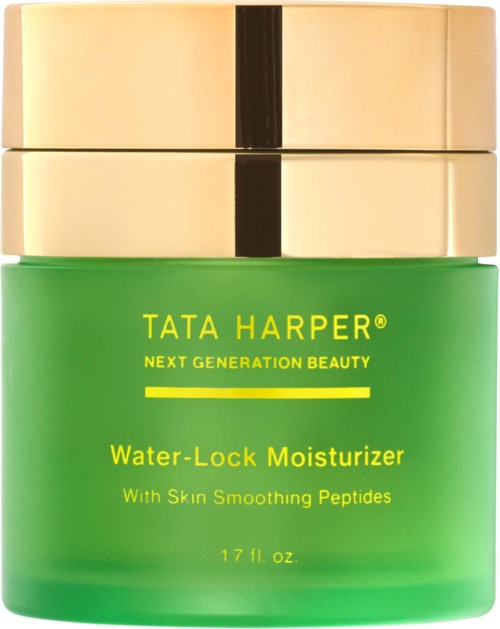A green jar with a gold lid holding Tata Harper Water-Lock Moisturizer for skin.