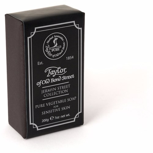 Black box with white text about vegetable soap for sensitive skin, from Taylor of Old Bond Street, Jermyn Street collection, 200g.