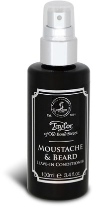 A black bottle with a white spray top, labeled as moustache and beard leave-in conditioner from Taylor.