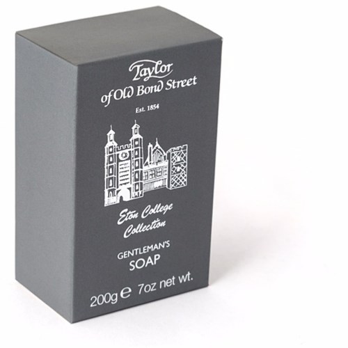 A soap box with a drawing of a building and text about a college collection and gentlemen's soap.
