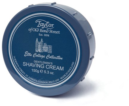 A round container of Taylor of Old Bond Street men's shaving cream with blue lid, labeled with the brand and product details.