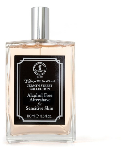 A clear bottle of alcohol-free aftershave designed for sensitive skin in the Jermyn Street collection.
