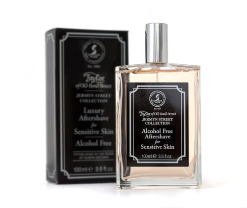 A bottle and box of alcohol-free aftershave for sensitive skin from the Jerlin Street Collection.
