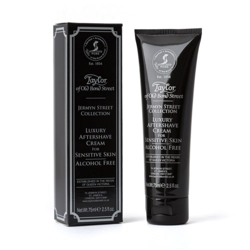 A black box and a black tube of aftershave cream for sensitive skin, alcohol-free, from the Jermyn Street Collection.