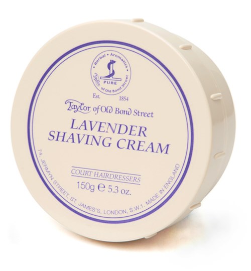 A round container labeled lavender shaving cream, with purple and white text, from Taylor of Old Bond Street.