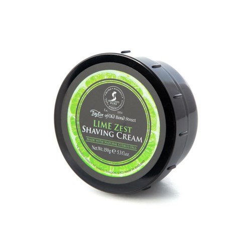 A black jar with green and white label, containing lime zest shaving cream for skin care.