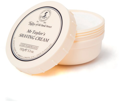 A round container with a lid, labeled 'Mr. Taylor's Shaving Cream,' showing a logo and product details.