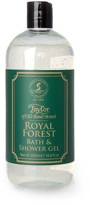 A clear bottle with a black cap containing bath and shower gel titled 'Royal Forest' by Taylor of Old Bond Street.