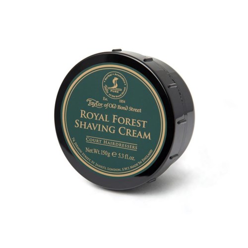 A round container of Royal Forest Shaving Cream with a blue label and gold lettering.