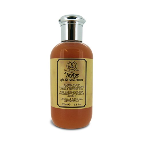 En flaske med Taylor of Old Bond Street sandalwood luksuriøs fuktighetsgivende gel for dusj og bad.