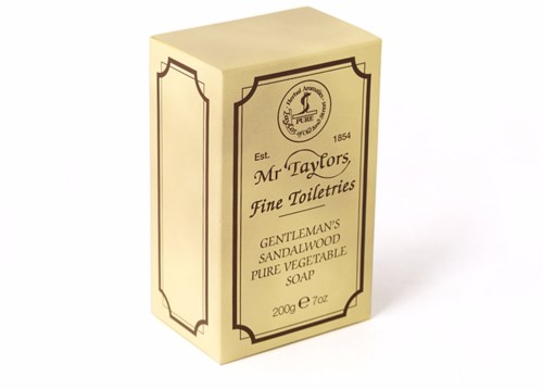 Box of Mr. Taylors soap, designed for men, with sandalwood scent, 200g, in a cream-colored box.