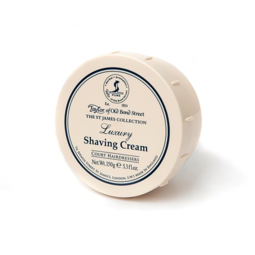 A round container with a label shows it's luxury shaving cream from a London brand, with details about size and collection.