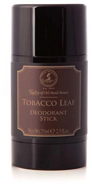 A black deodorant stick with a brown label saying 'Tobacco Leaf Deodorant Stick.'