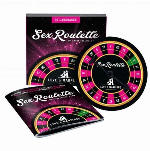 A colorful, circular game with numbers and a pointer, used for love and marriage scenarios, called Sex Roulette.