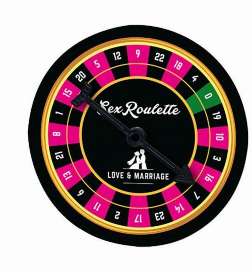 A roulette wheel with pink, black, and yellow sections, labeled 'Sex Roulette' and 'Love & Marriage.'