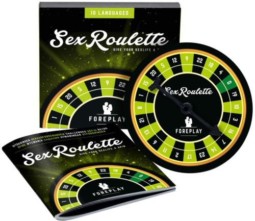 A roulette game board with a wheel, box, and timer, all with green, black, and orange colors, for adult fun.