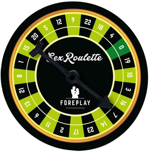 A roulette wheel with green, black, and red sections, showing the ball and a pointer, with text about 'foreplay.'