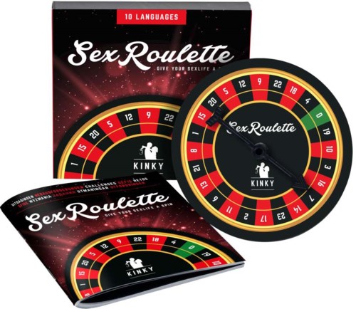 A fun adult game called Sex Roulette with a wheel showing numbers in red, yellow, and green, and a box with instructions.