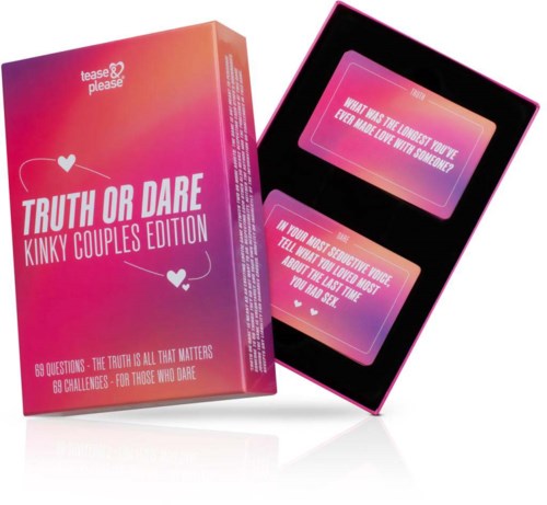 A pink game box titled "Truth or Dare Kinky Couples Edition" with two cards inside, one asking about love and the other about boldness.