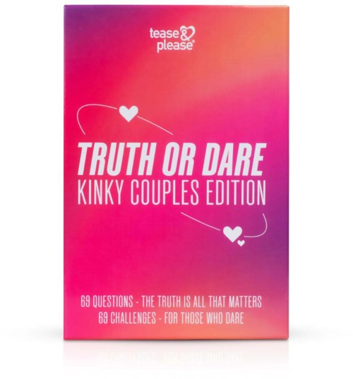A pink and orange game box titled "Truth or Dare Kinky Couples Edition" with hearts and text about questions and challenges.