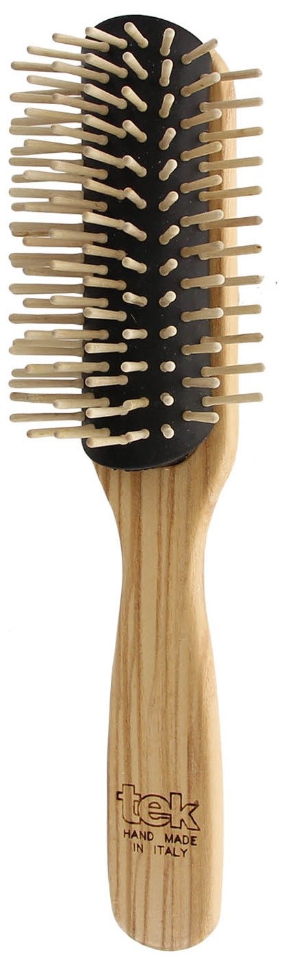Eine Holzhaarbürste mit schwarzer Polsterung und hellen Borsten zum Entwirren der Haare.